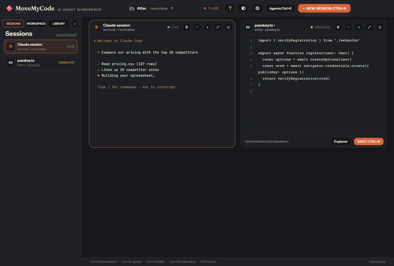 MoveMyCode on the charcoal desk: the same two panes in dark mode
